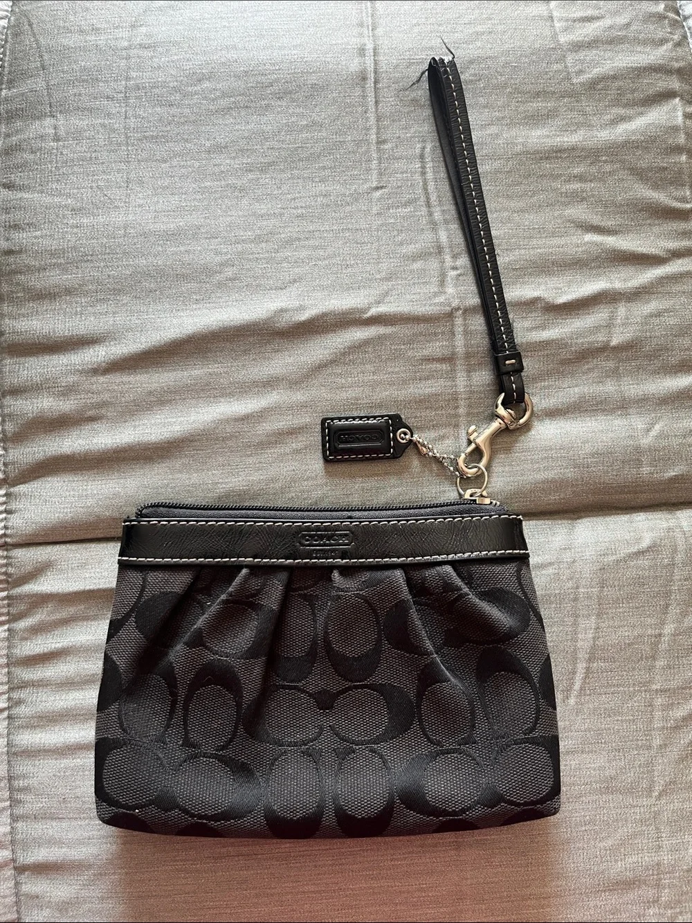Coach Black Signature Wristlet with Leather Trim